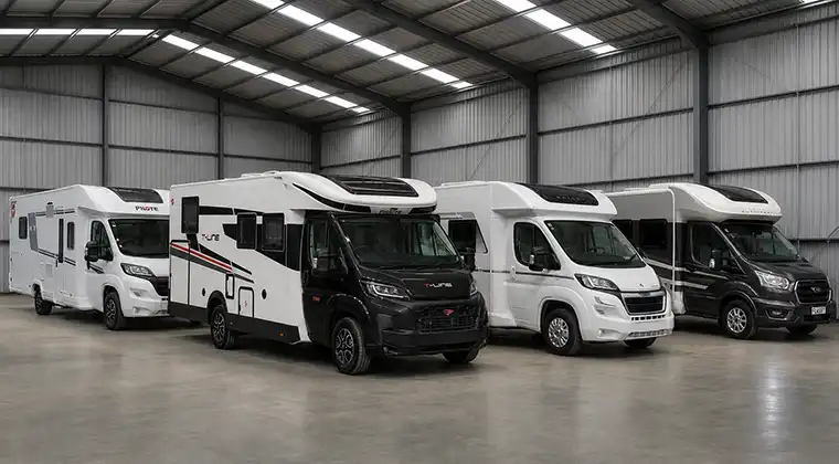Motorhomes and caravans inside Elite RV warehouse storage