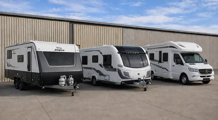 Motorhomes and caravans in Elite RV outdoor storage