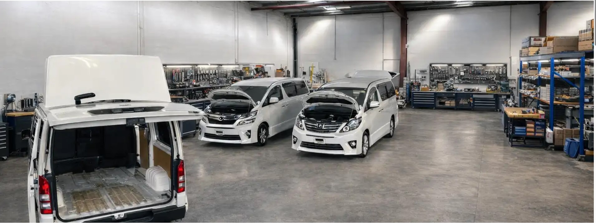 Elite RV Christchurch workshop with campervans under construction