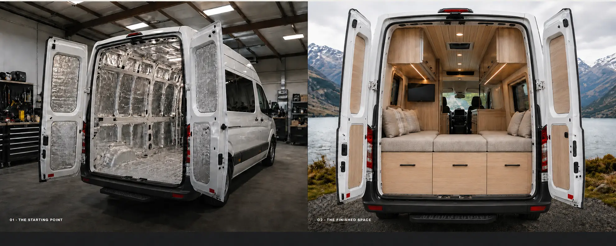 The same white campervan before conversion in the Elite RV workshop and after completion with a realistic timber interior