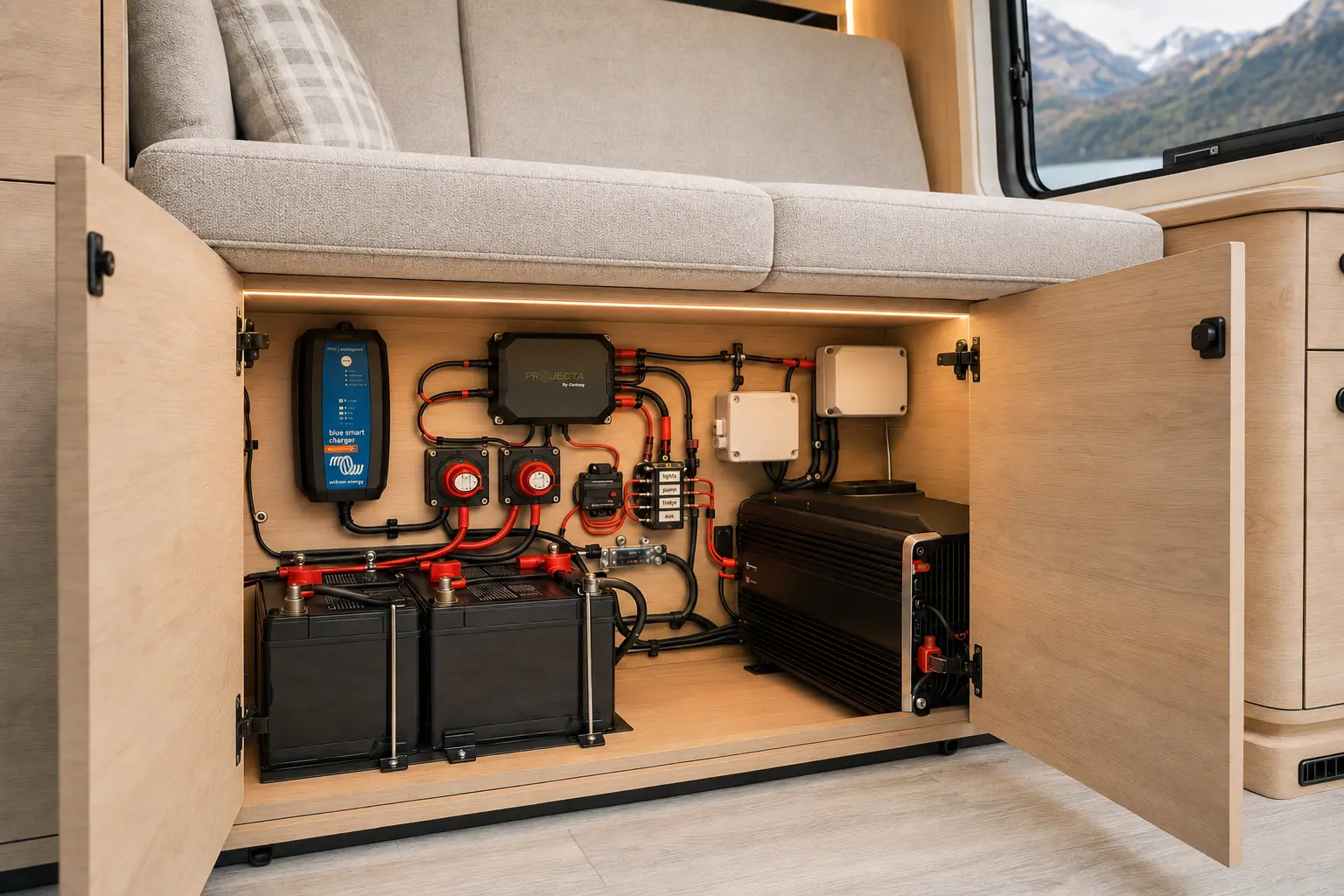 Elite RV power and charging installation beneath a deep upholstered campervan seat