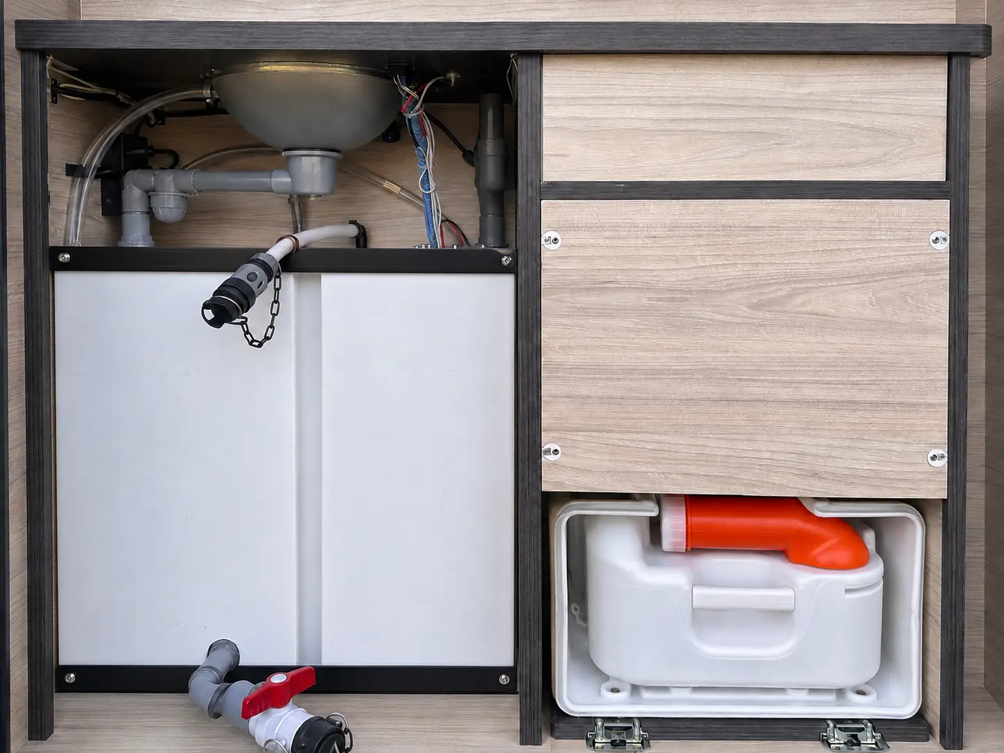 Straight-on Elite RV water tank, plumbing and toilet installation with level black support rails