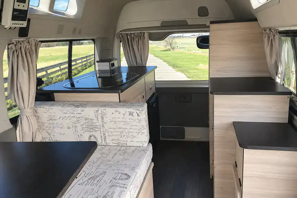 Detailed custom campervan cabinetry and interior fit-out