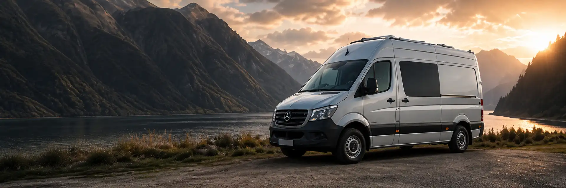 Campervan beside an alpine lake, representing the touring outcome of a custom conversion