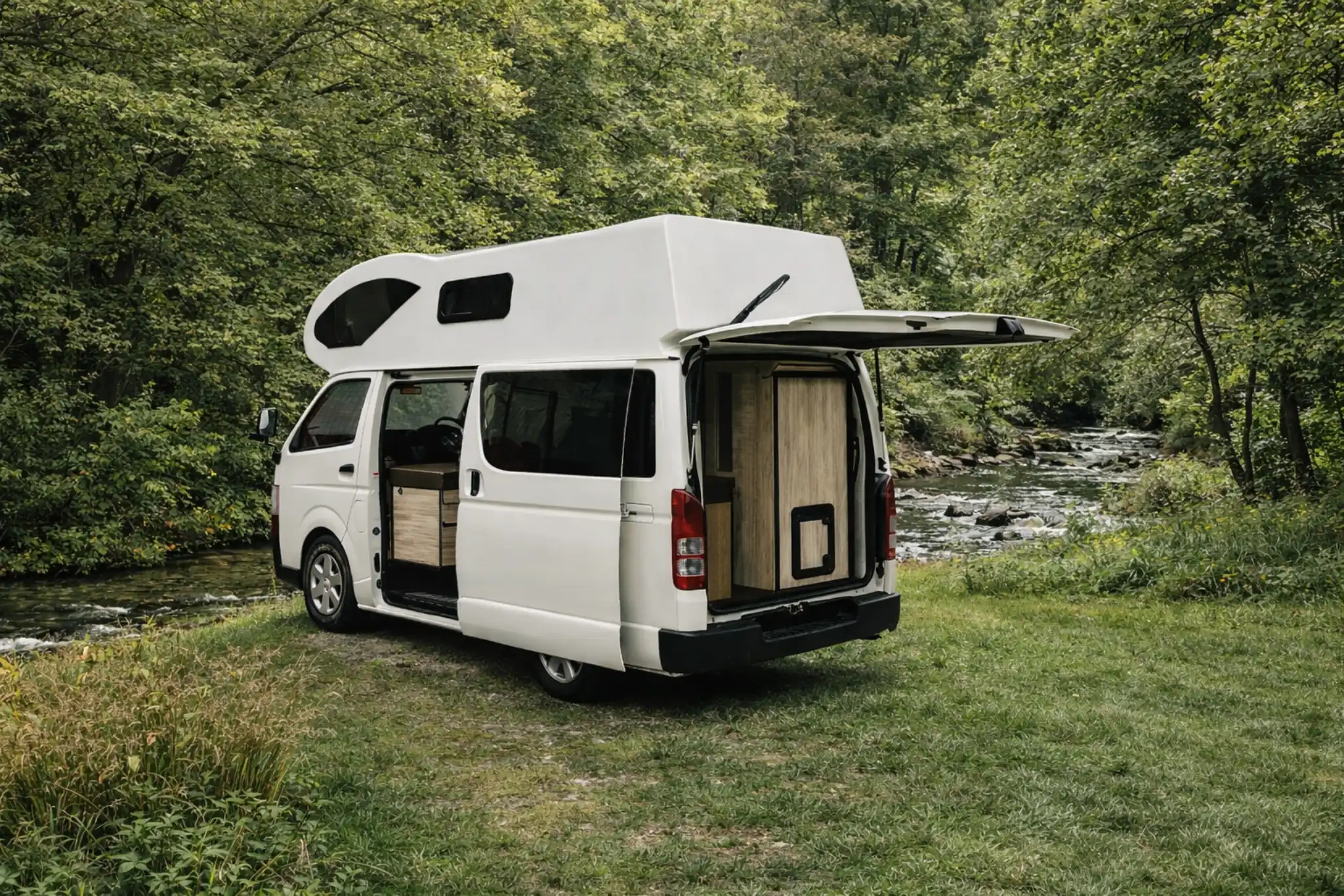 Elite RV campervan with side door open in a forest campsite