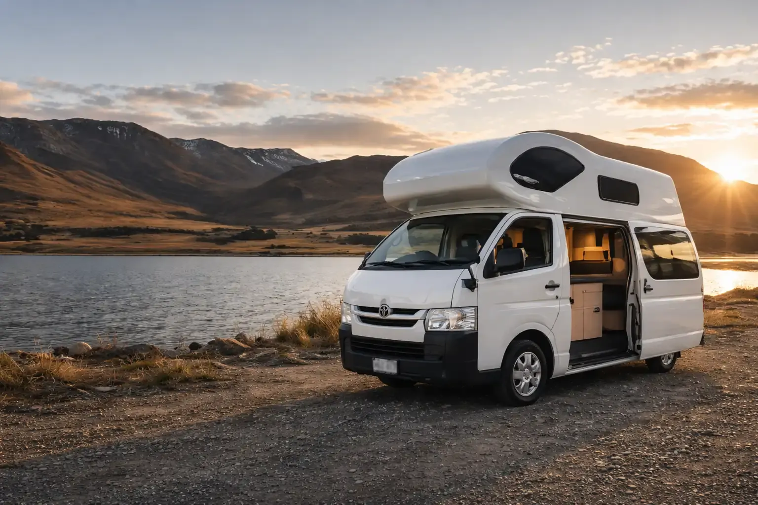 Elite RV campervan beside a lake at sunset in New Zealand