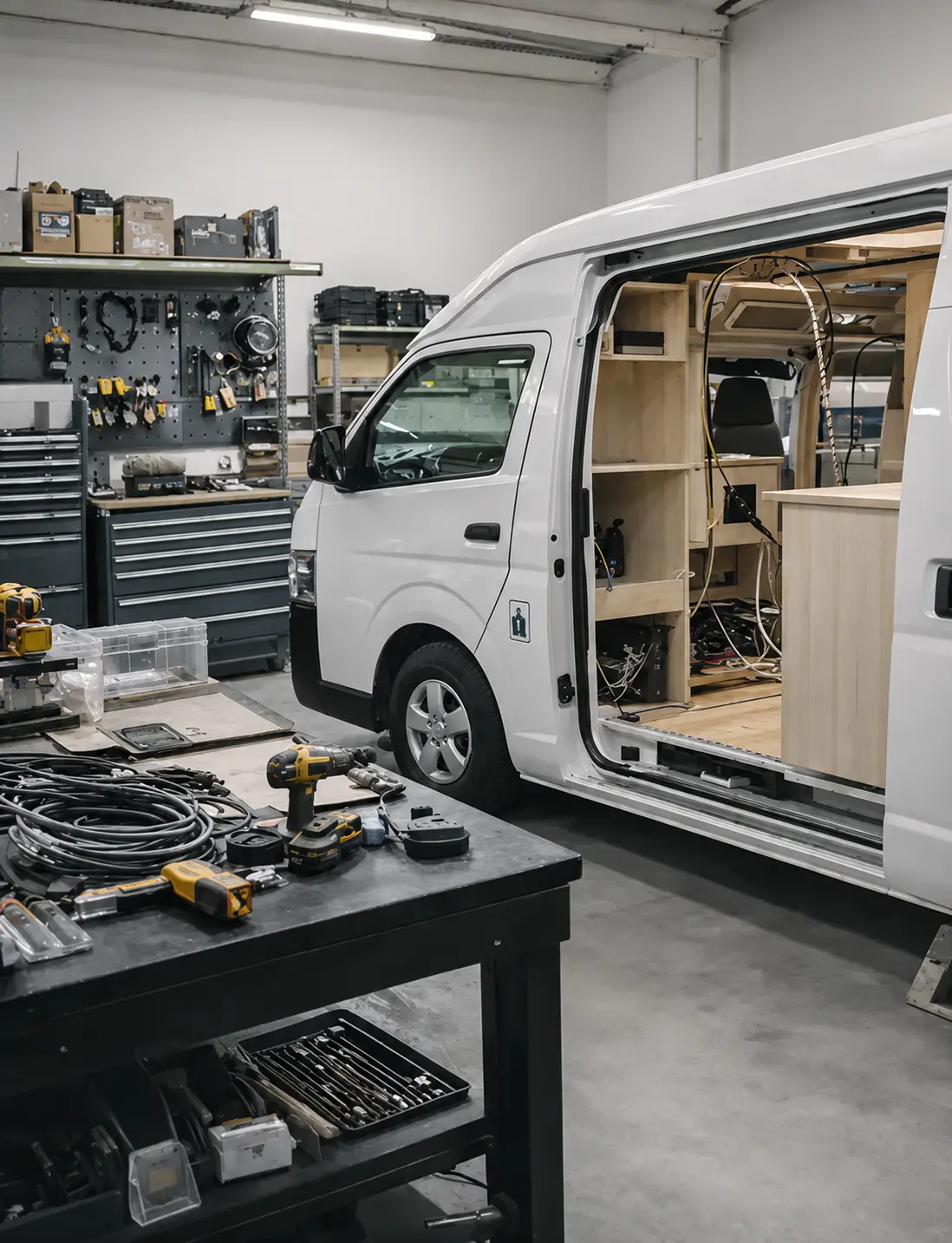 Campervan conversion underway inside the Elite RV Christchurch workshop