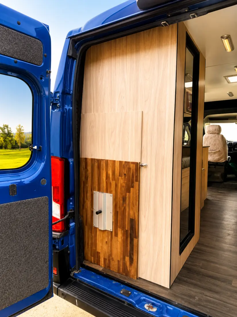Completed cabinetry and entrance after Elite RV refurbishment