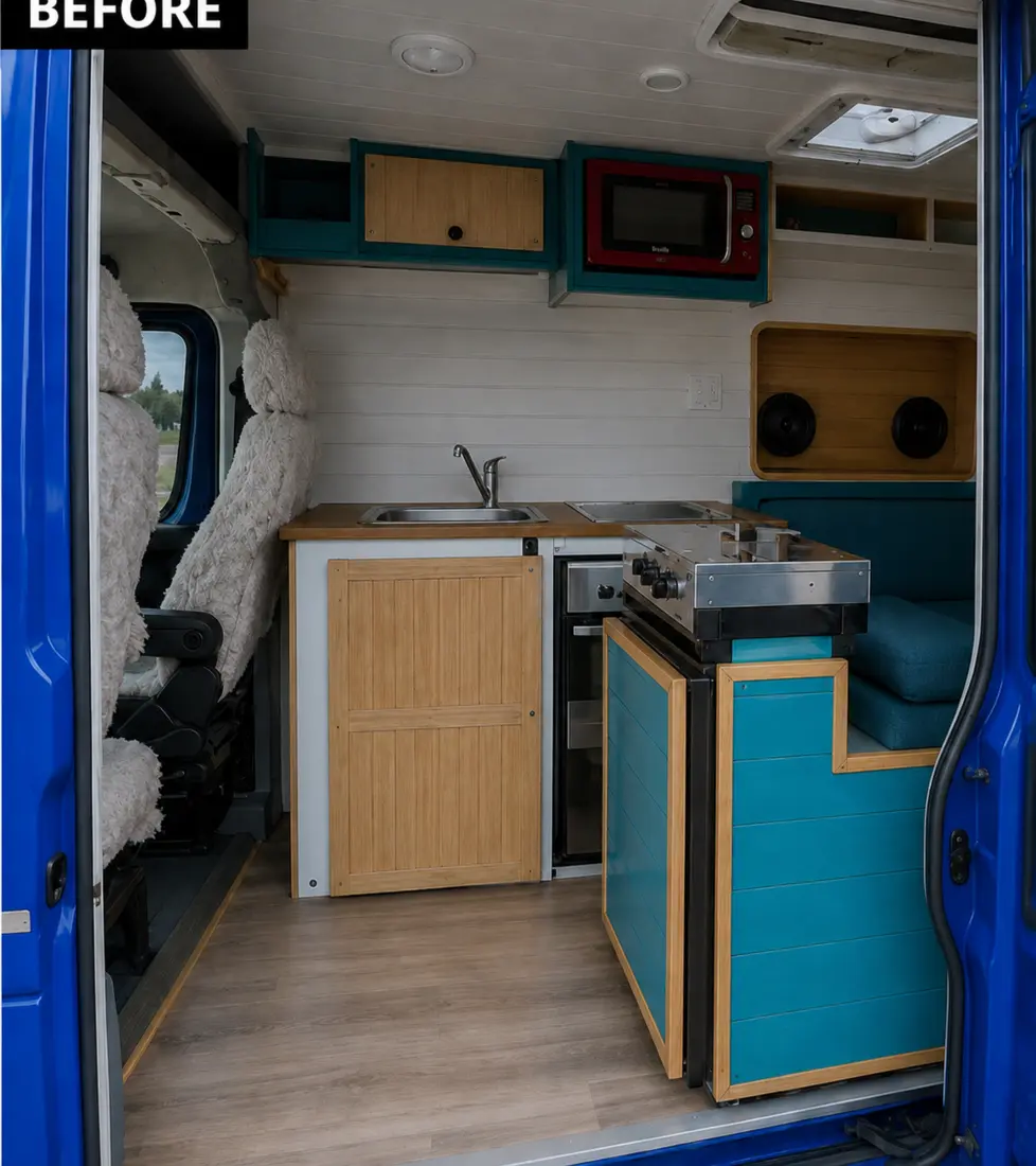 Original blue campervan kitchenette before refurbishment