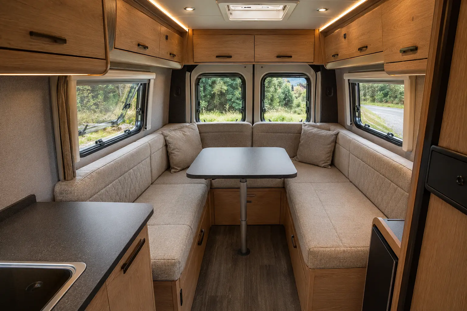Refurbished New Zealand motorhome rear lounge with opposing seating and a removable table