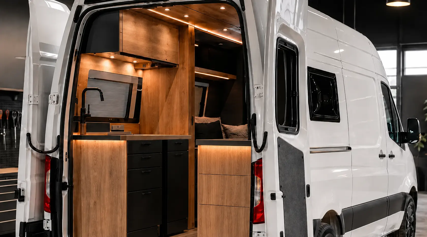 Refurbished campervan with handle-free rear-facing storage cabinetry inside the Elite RV workshop