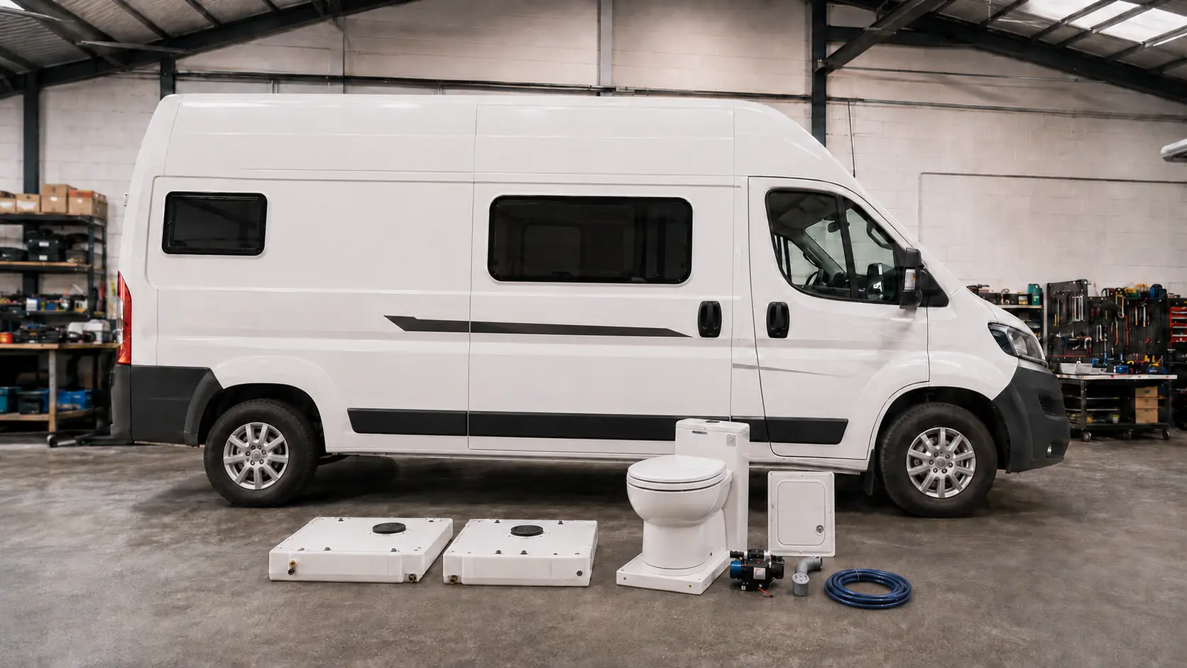 White campervan with water tanks, cassette toilet, pump and plumbing equipment prepared for installation