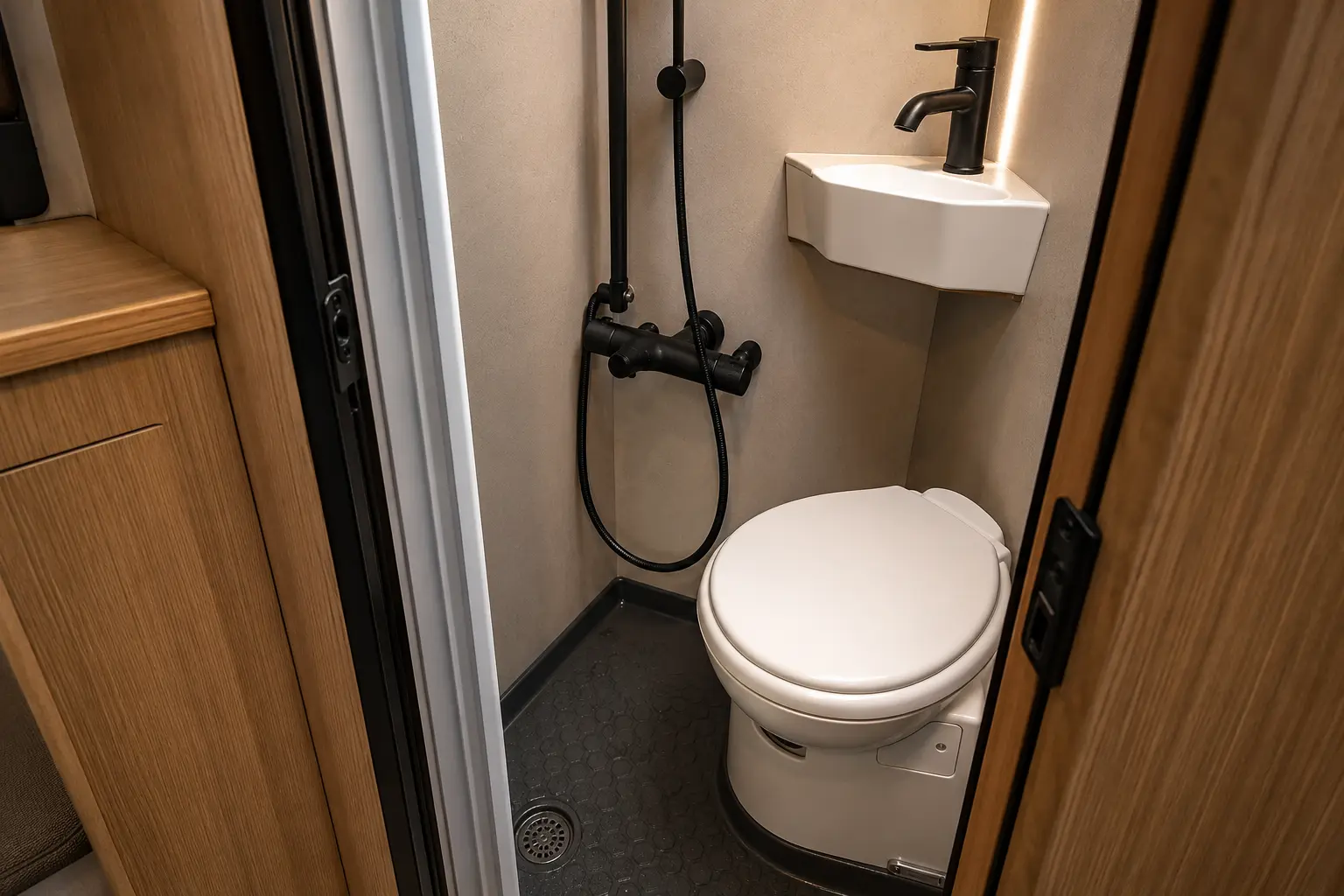 Compact fixed toilet and shower cubicle inside a New Zealand campervan