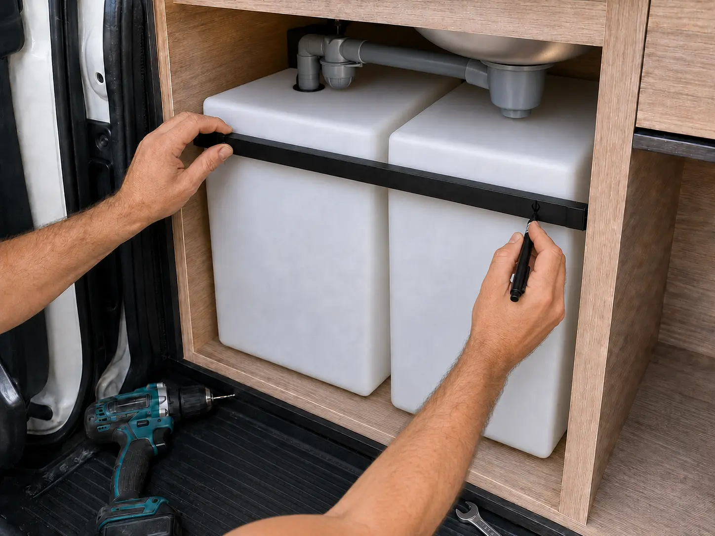 Technician marking the retaining frame around two campervan water tanks beneath a neatly routed sink drainage system