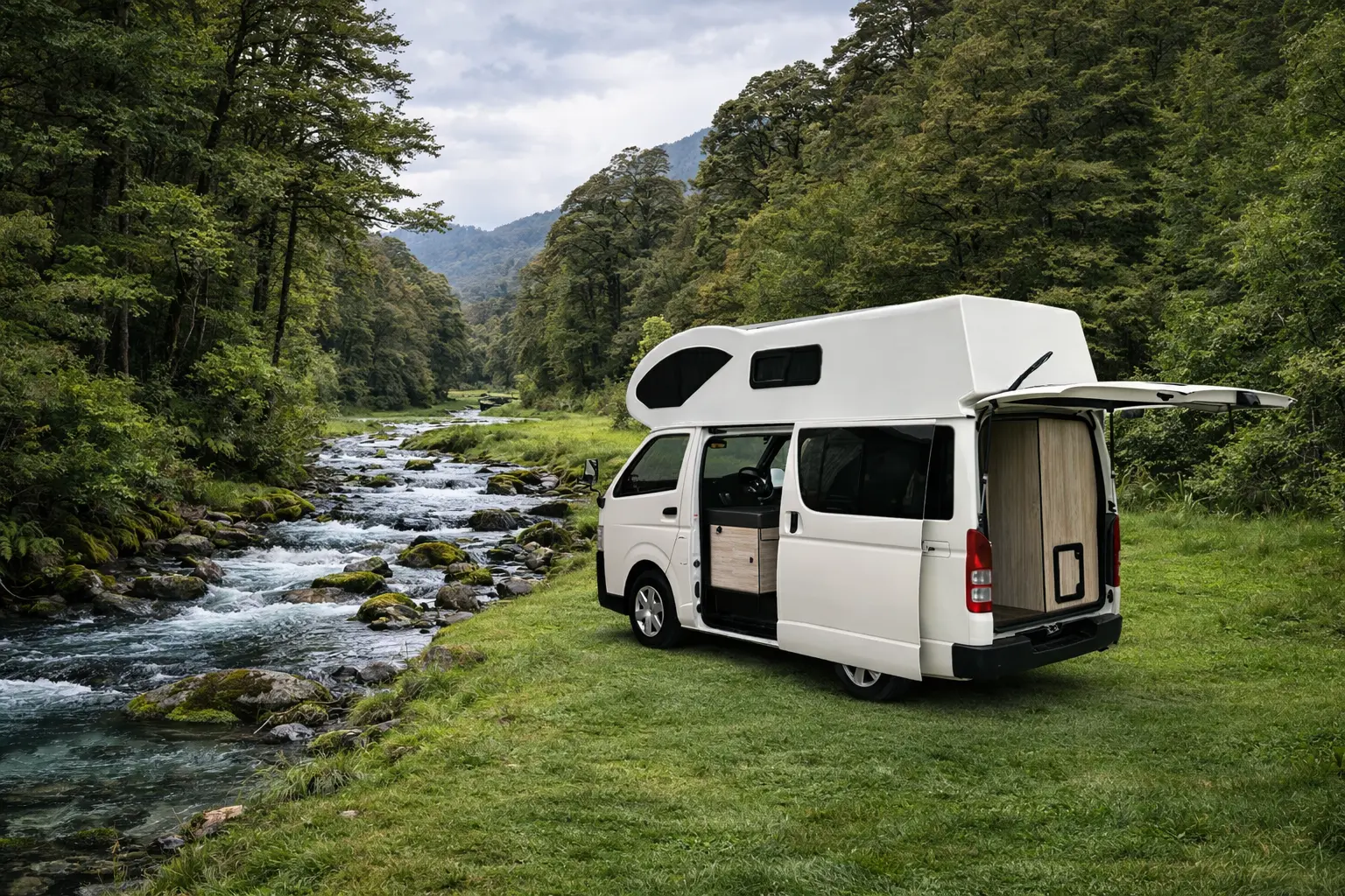 Completed Elite RV campervan beside a forest river in New Zealand