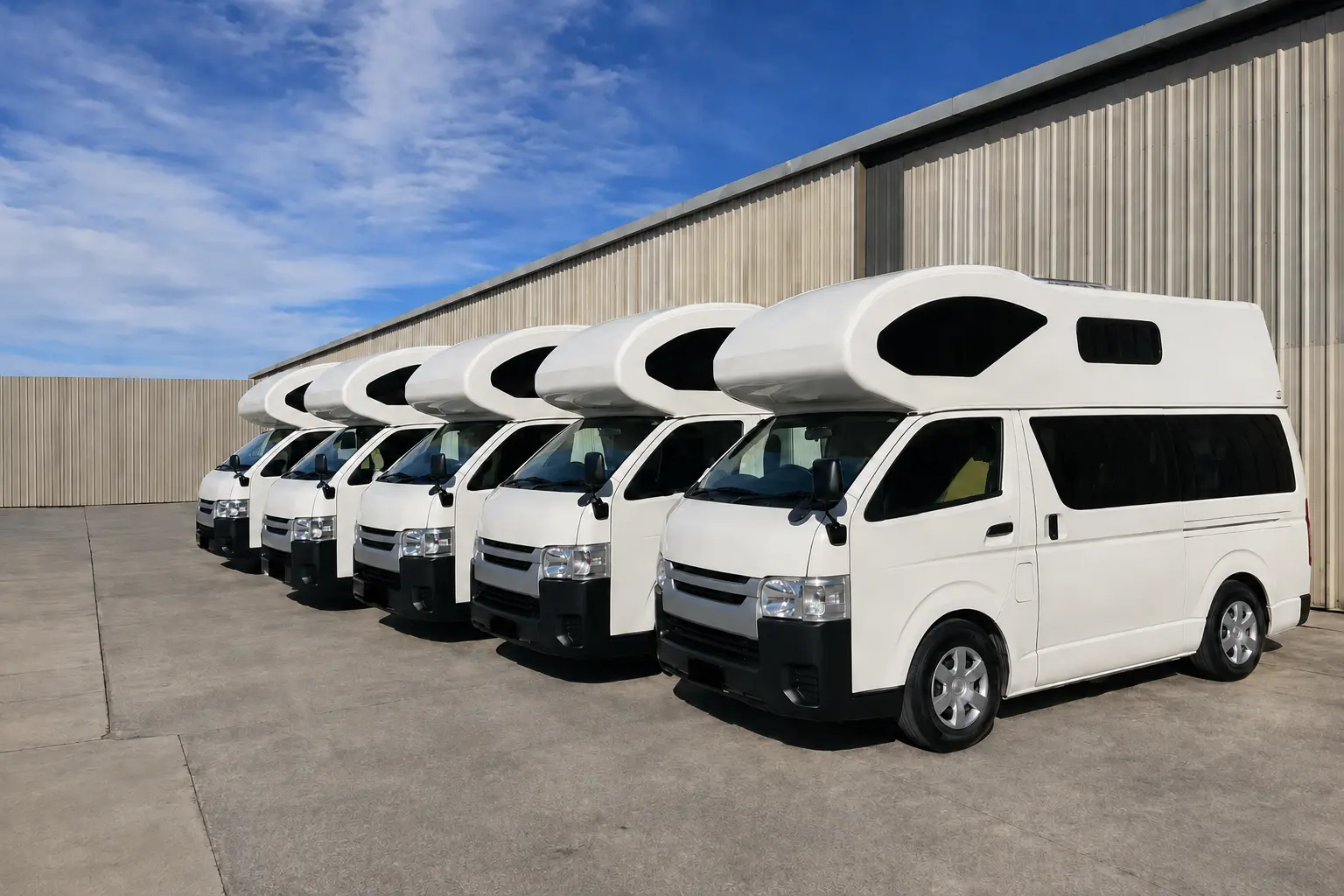 Matching fleet of white Toyota Hiace campervans