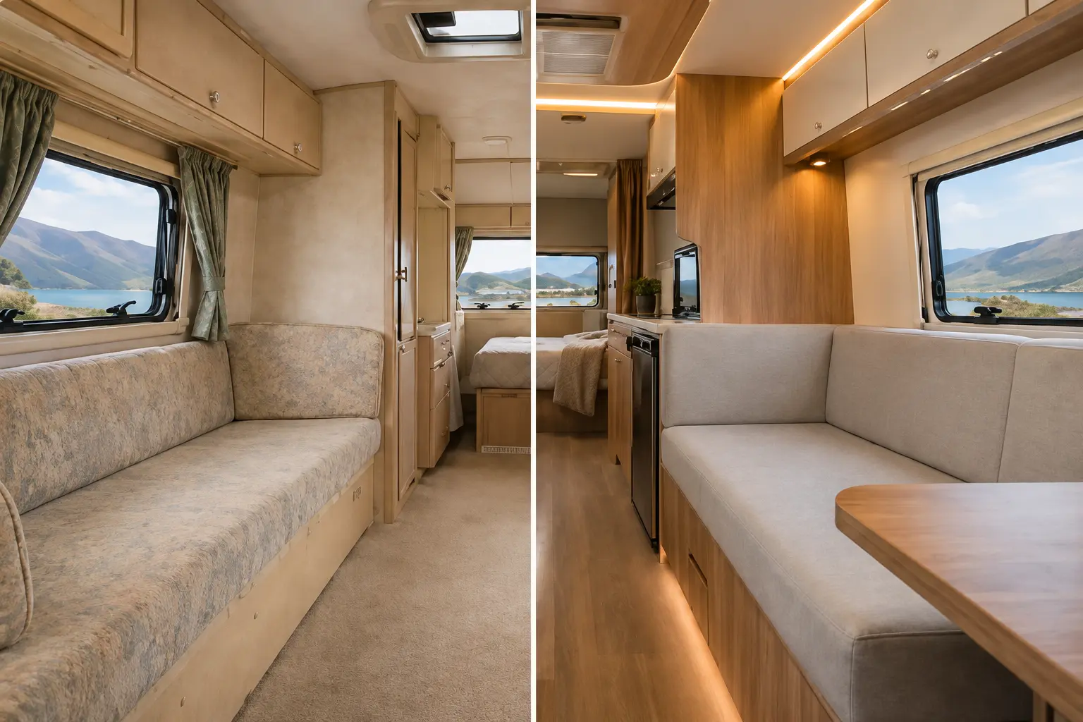 Campervan interior shown before and after refurbishment
