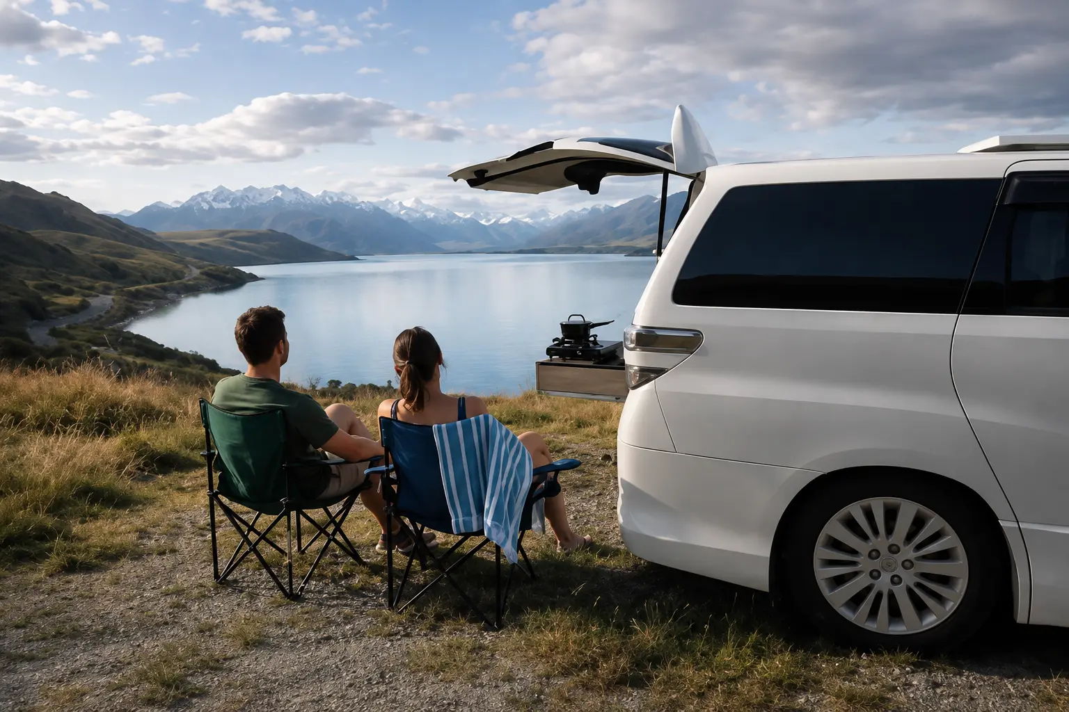 Couple relaxing beside a campervan overlooking a New Zealand lake