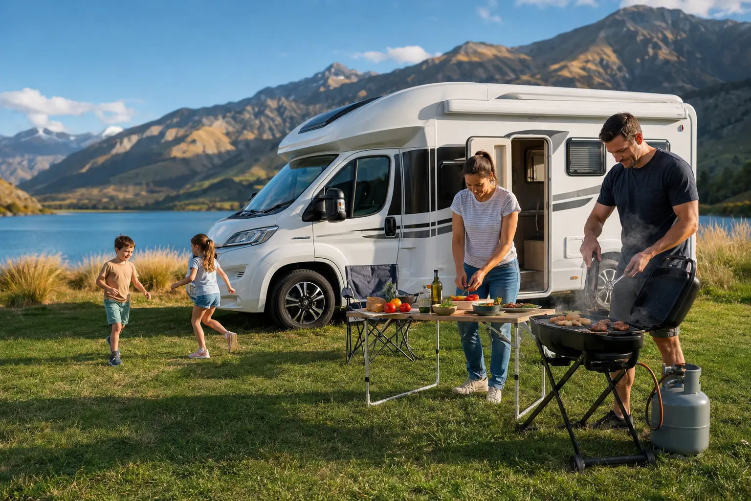 Family enjoying a self-contained motorhome beside a New Zealand lake