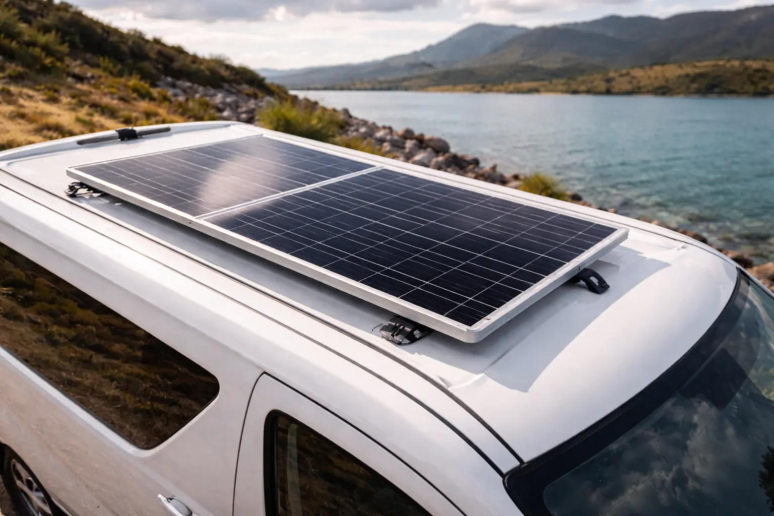 Large solar panels installed on the roof of a campervan