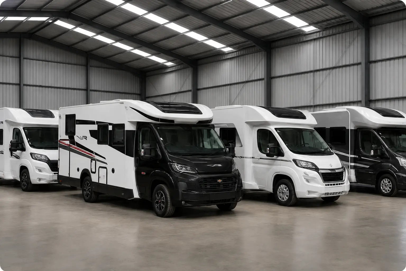 Motorhomes and caravans stored inside a large secure building