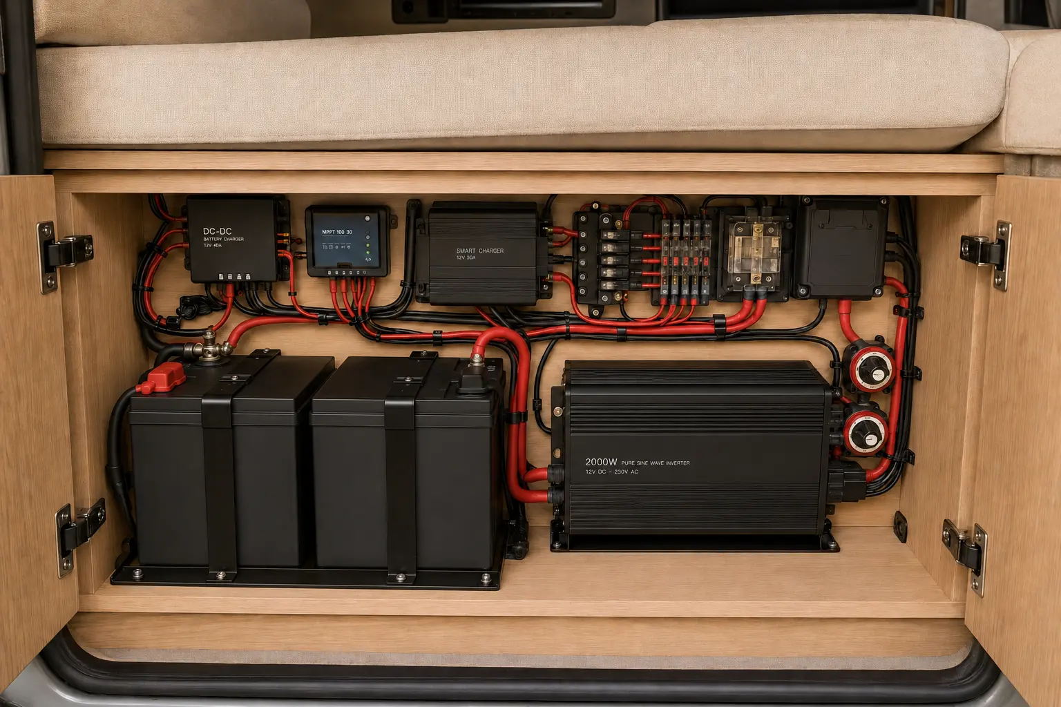 Integrated lithium batteries, inverter, charging and protection installed inside an RV cabinet