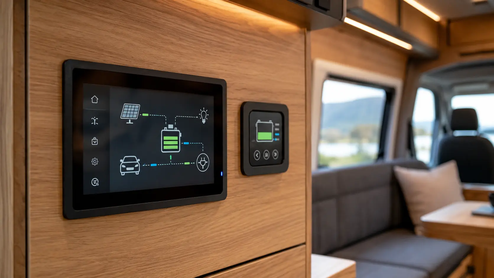 Campervan power monitoring display integrated into warm oak cabinetry