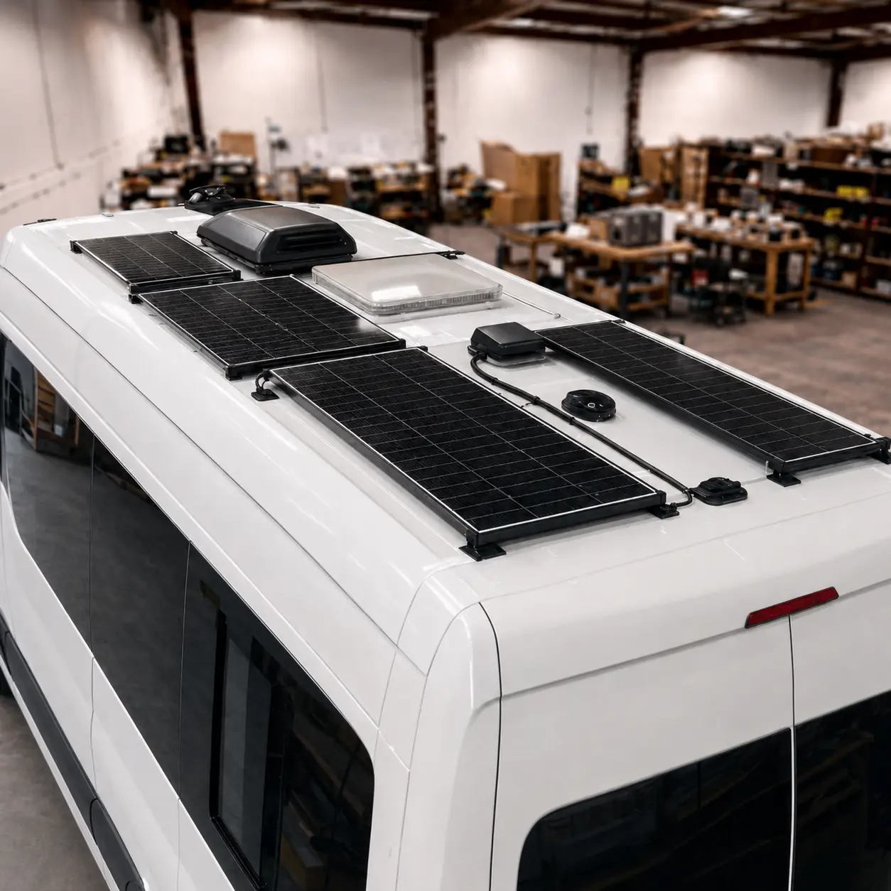 Solar panels professionally mounted on a white campervan roof