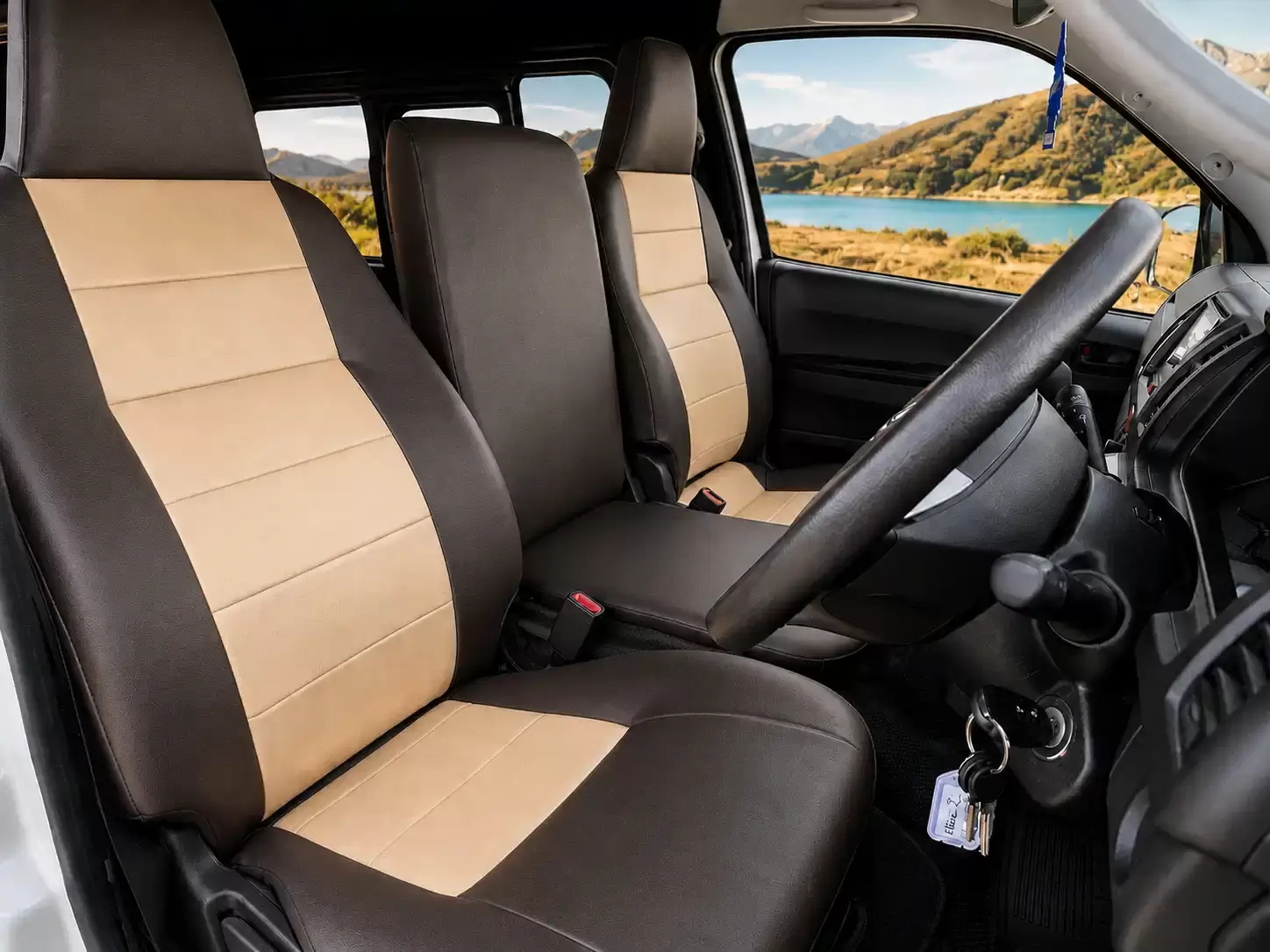Toyota Hiace cab and front seats in the Elite RV Aurora campervan