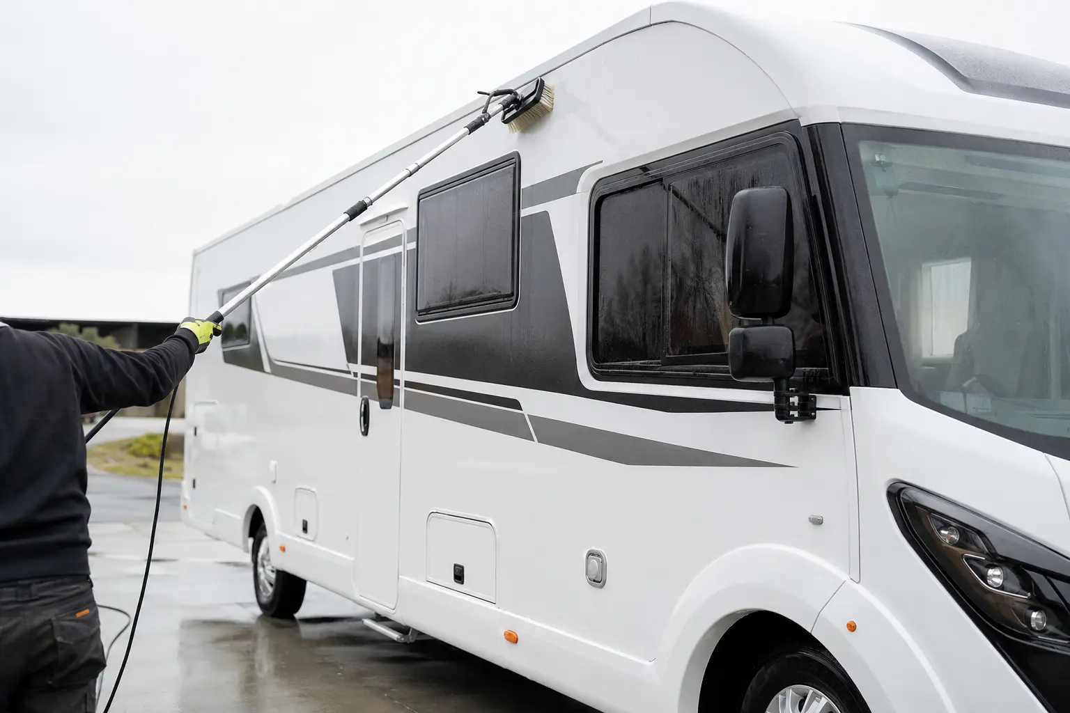 Motorhome being professionally cleaned with a long-handled brush